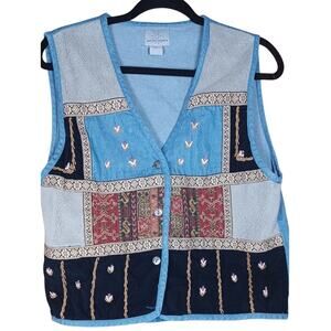 VTG Paul Harris Design Patchwork Embroidered Denim Vest Size Med 90s Cottagecore